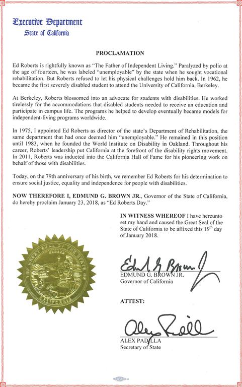 An image of the Ed Roberts Day proclamation. Text of the image is below. 