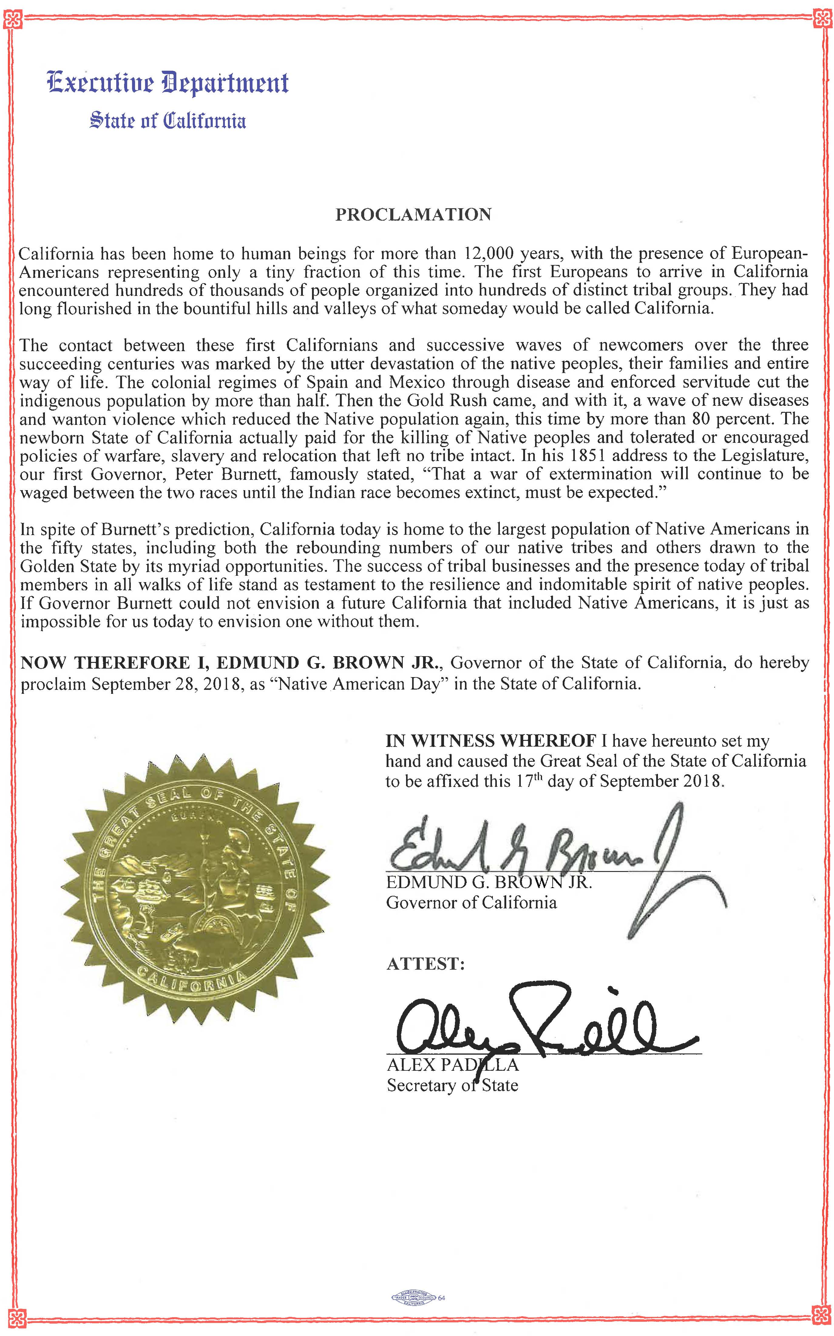 Governor Brown Issues Proclamation Declaring Native American Day
