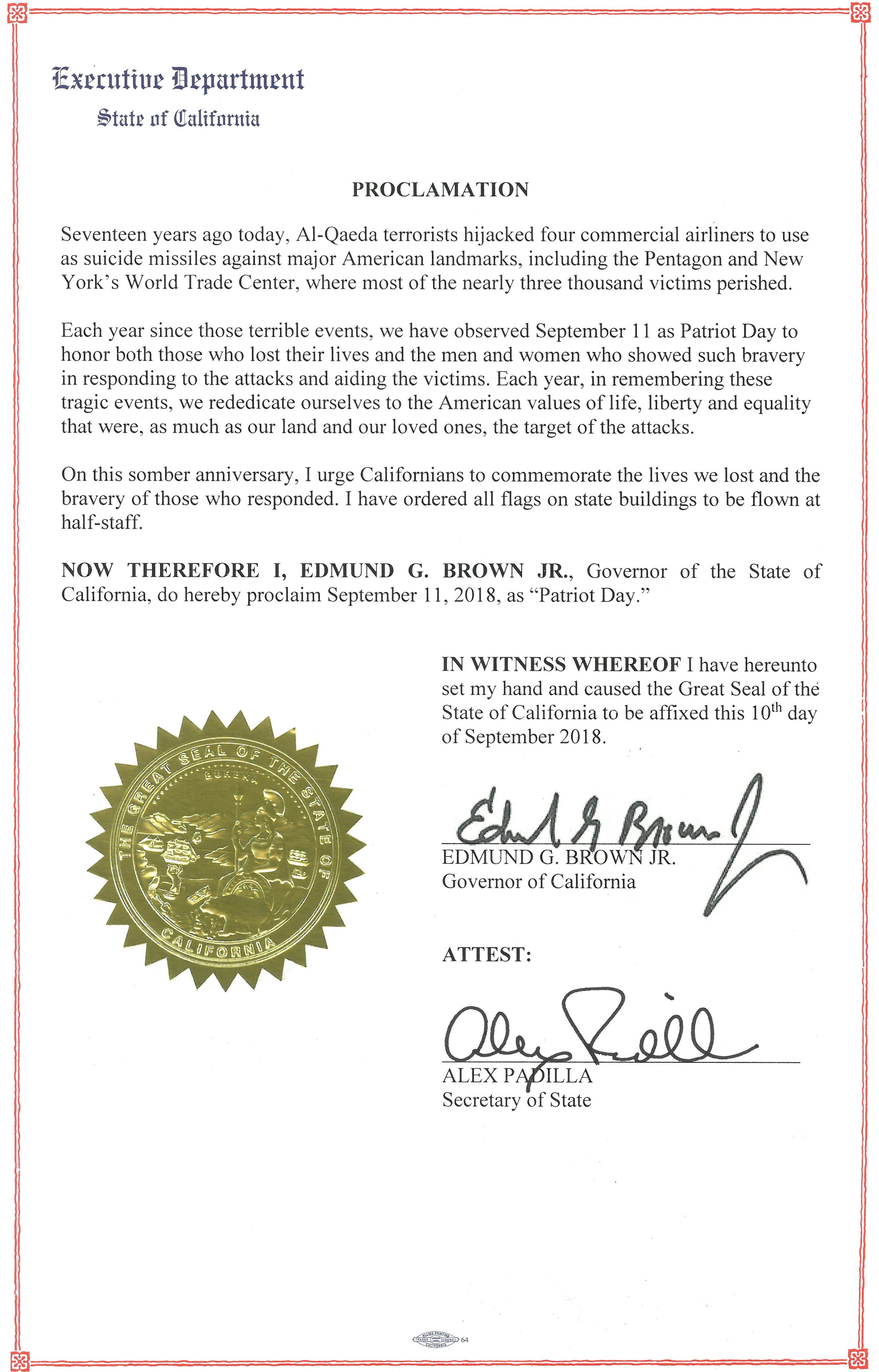 Governor Brown Issues Proclamation Declaring Patriot Day