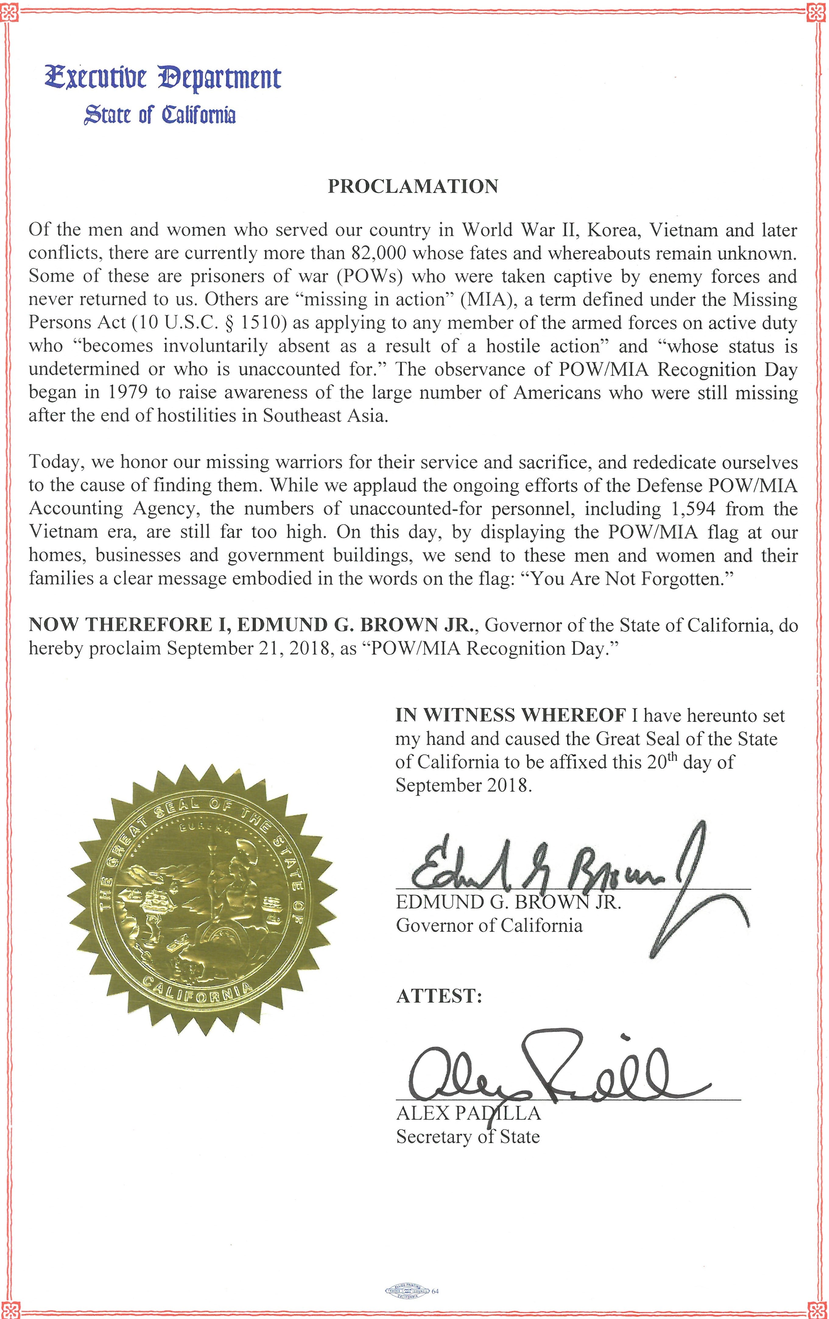 Governor Brown Issues Proclamation Declaring POW/MIA Recognition Day
